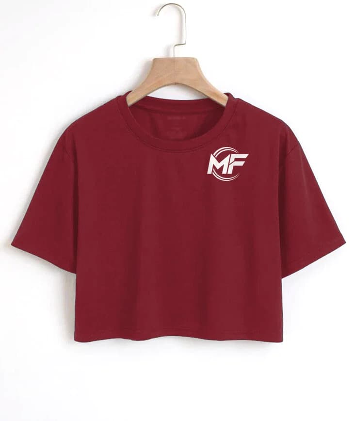 Burgundy crop top with a white MF logo on a hanger