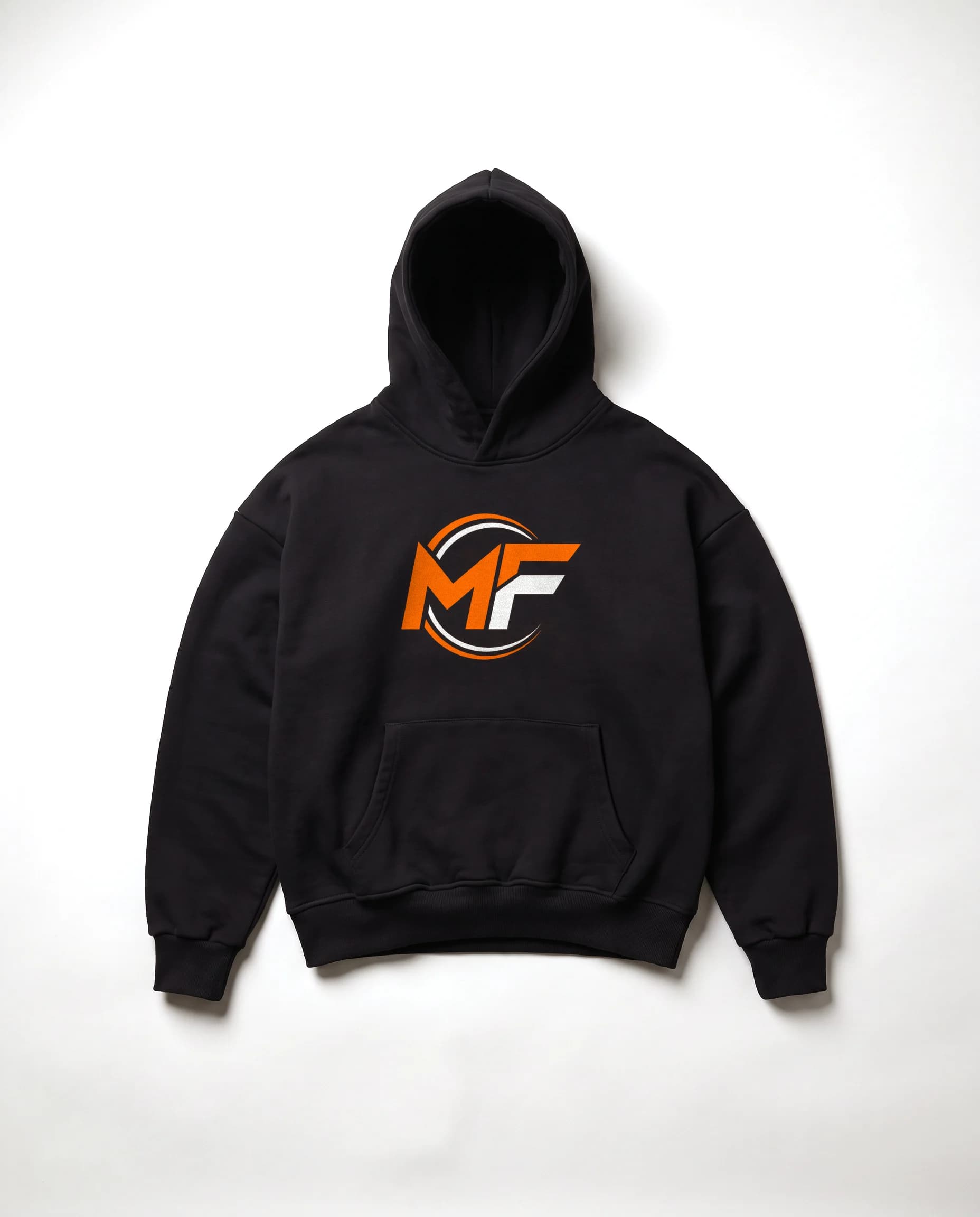 Black MF Logo Hoodie with an orange and white logo, shot in the studio
