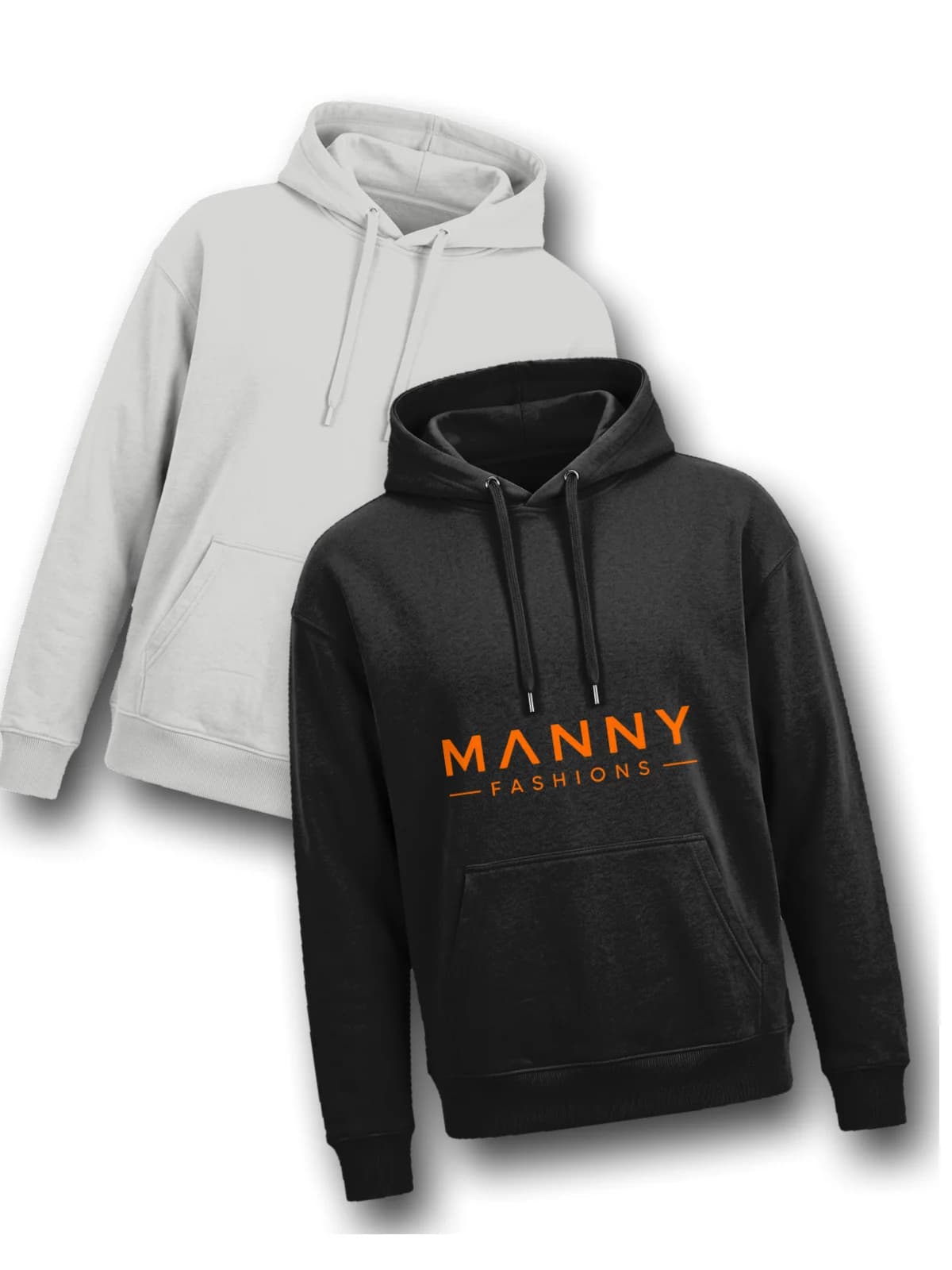 Close-up of the orange MANNY FASHIONS print on the black hoodie