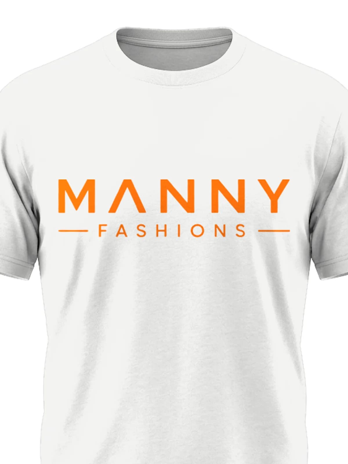 Close-up of the orange MANNY FASHIONS print on the white tee