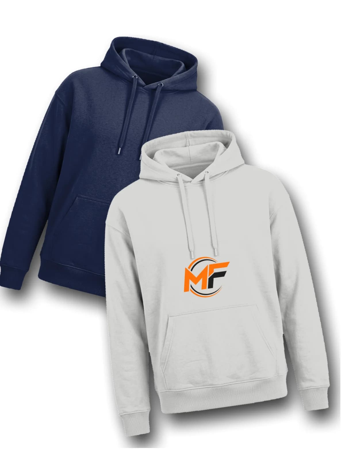 MF Logo Hoodie Heather Grey, laid flat with a second hoodie
