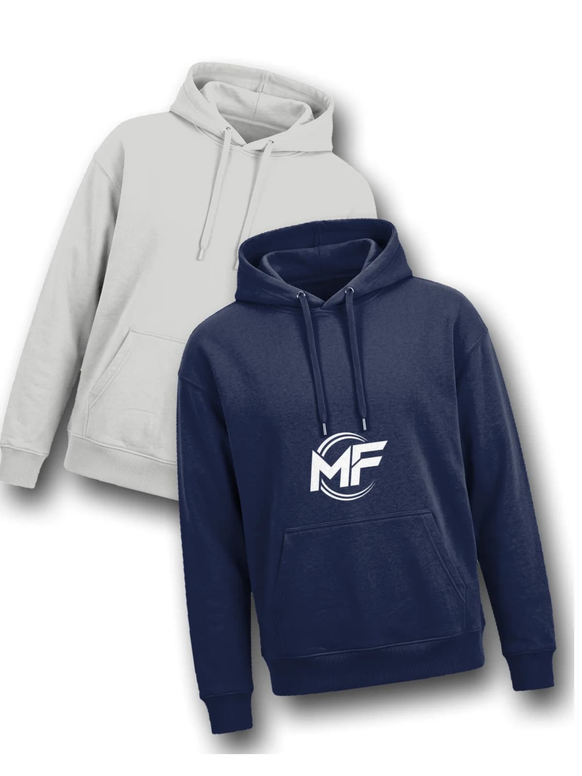 MF Logo Hoodie Navy, laid flat with a second hoodie