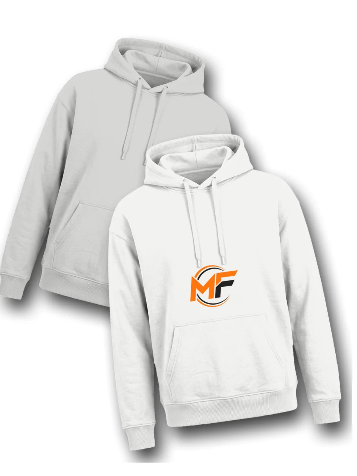 Close-up of the orange and black MF logo on the white hoodie