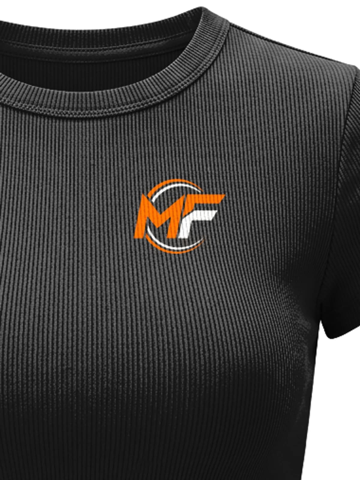 Close-up of the orange and white MF logo on the black ribbed crop top