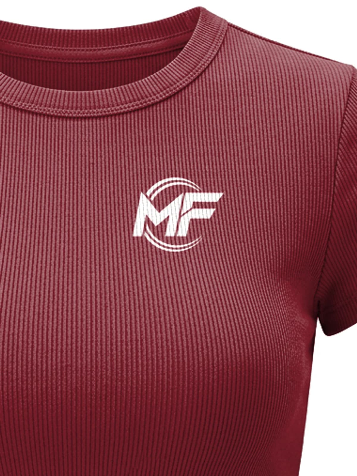Close-up of the MF logo on the burgundy ribbed crop top