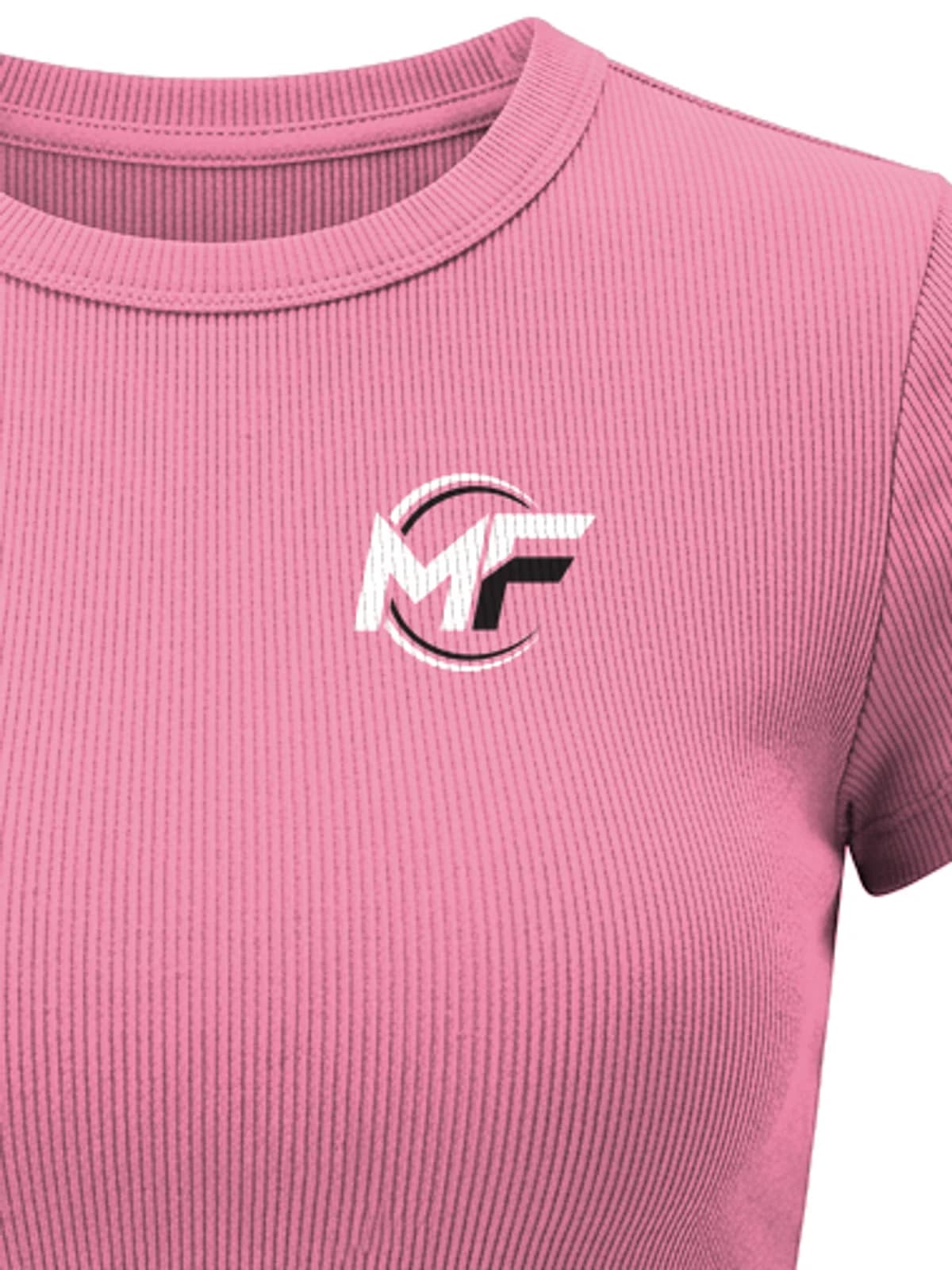 Close-up of the MF logo on the pink ribbed crop top